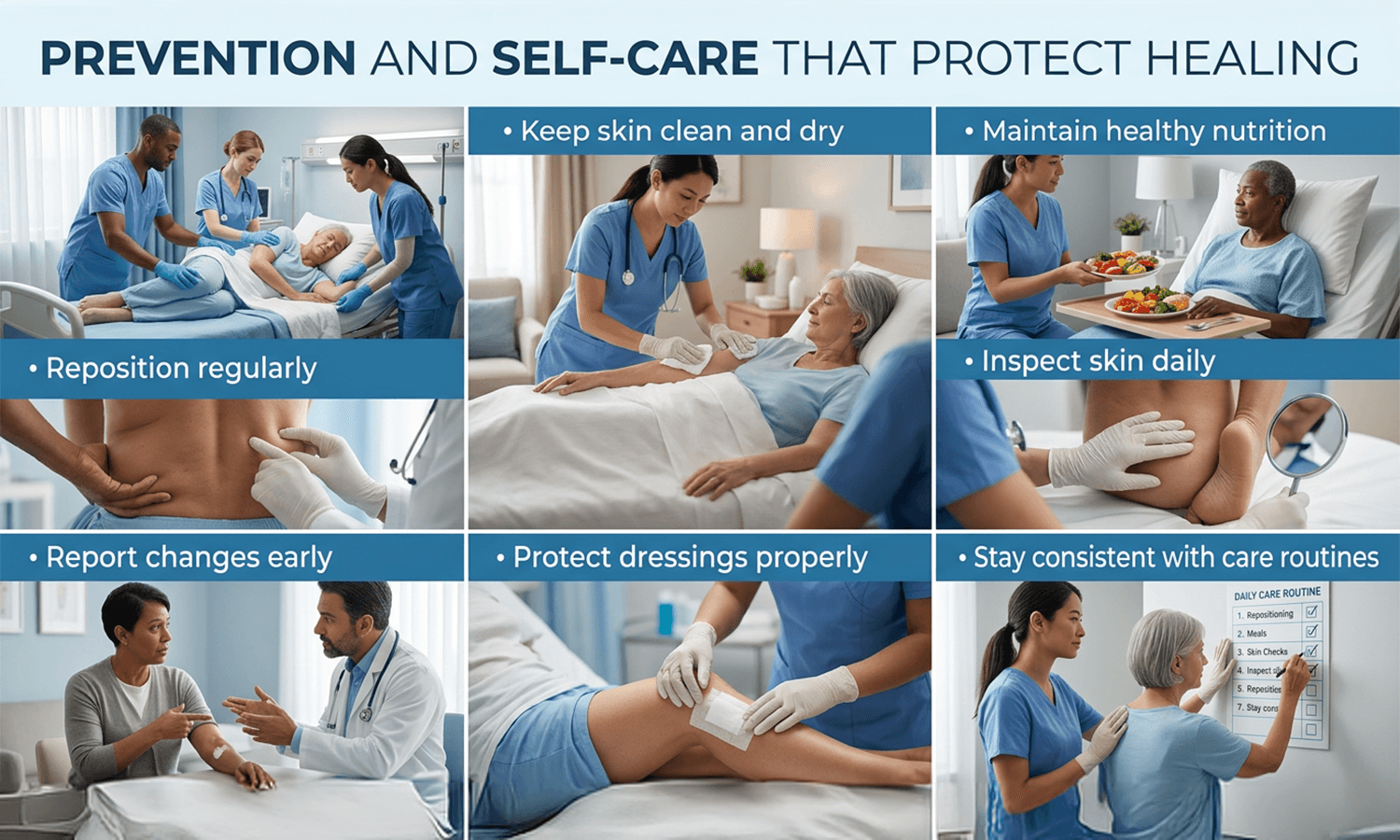 Prevent pressure ulcers with simple daily care, skin checks, and repositioning t