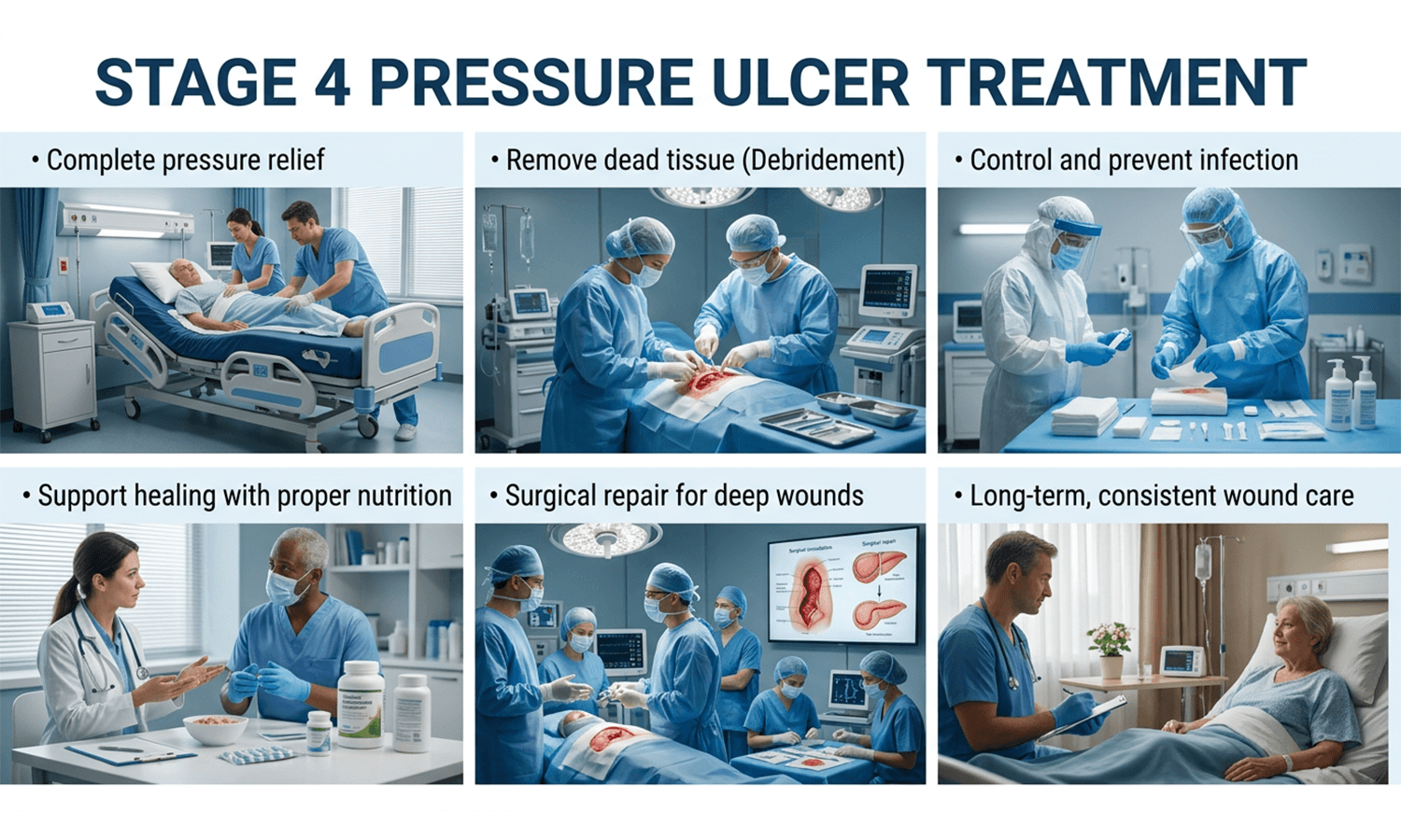Explore Stage 4 pressure ulcer treatment, including pressure relief, debridement