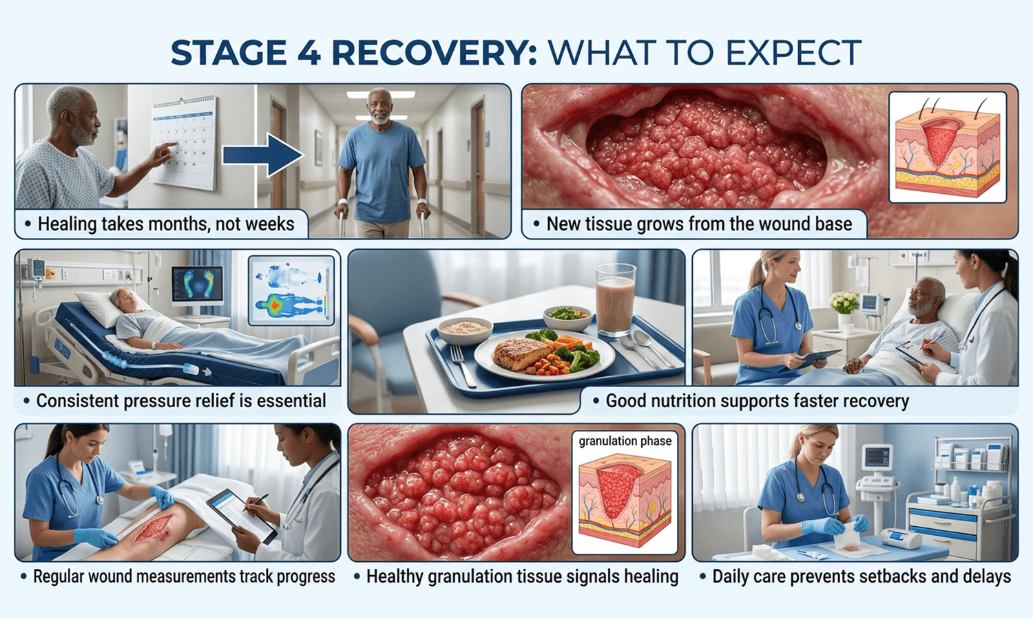 Learn what to expect during Stage 4 pressure ulcer recovery, from tissue growth 