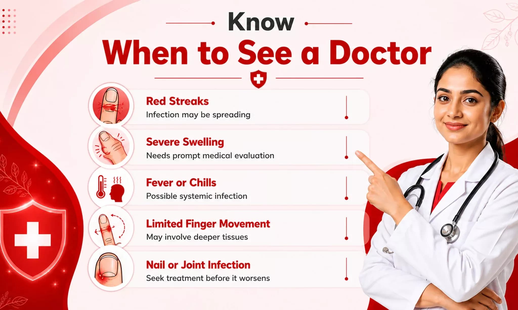 An infected finger wound can cause redness, swelling, throbbing pain, warmth, pu
