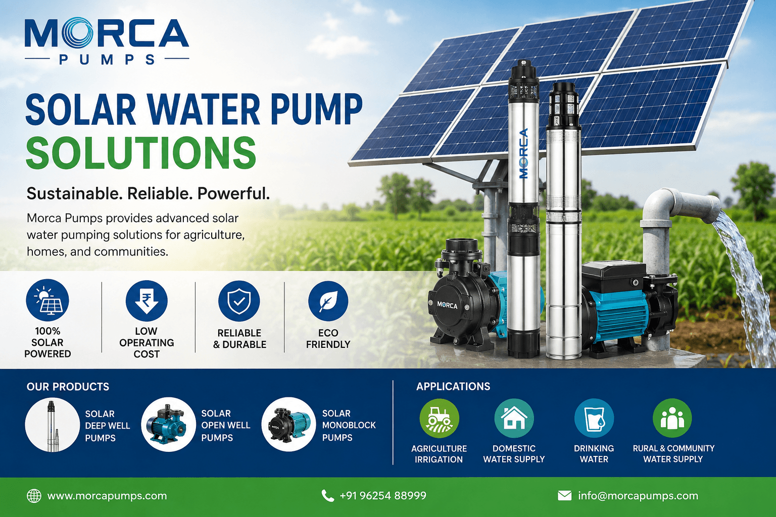 Morca Pumps provides solar water pump solutions designed for agriculture, irriga